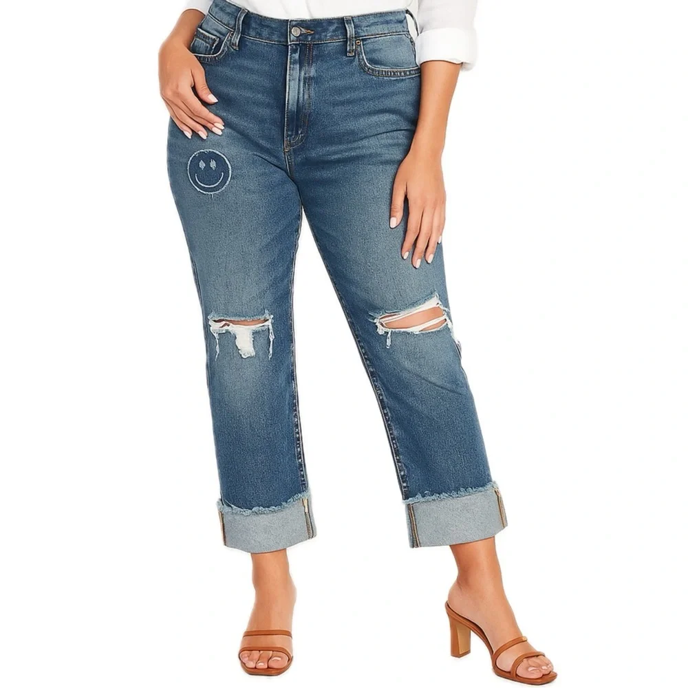 Old Navy Boyfriend Jeans Mid Rise Straight Ripped Smiley Face Happy Remix Blu 16